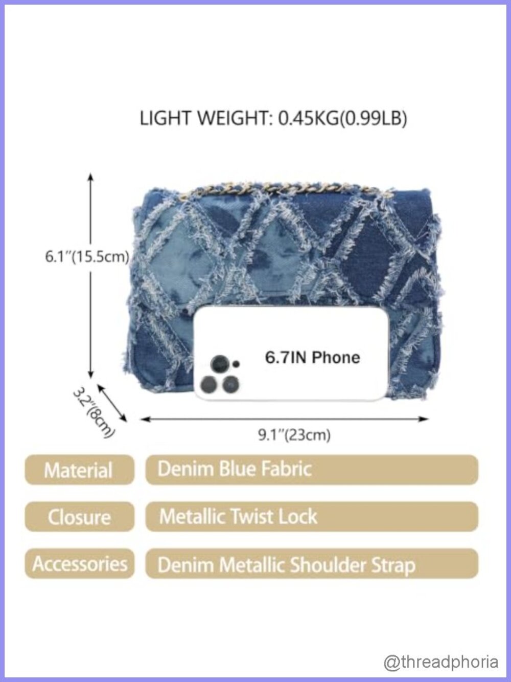 Quilted Denim Evening Bag Chain Clutch Women Shoulder Bag Tassel - Picture 3 of 6